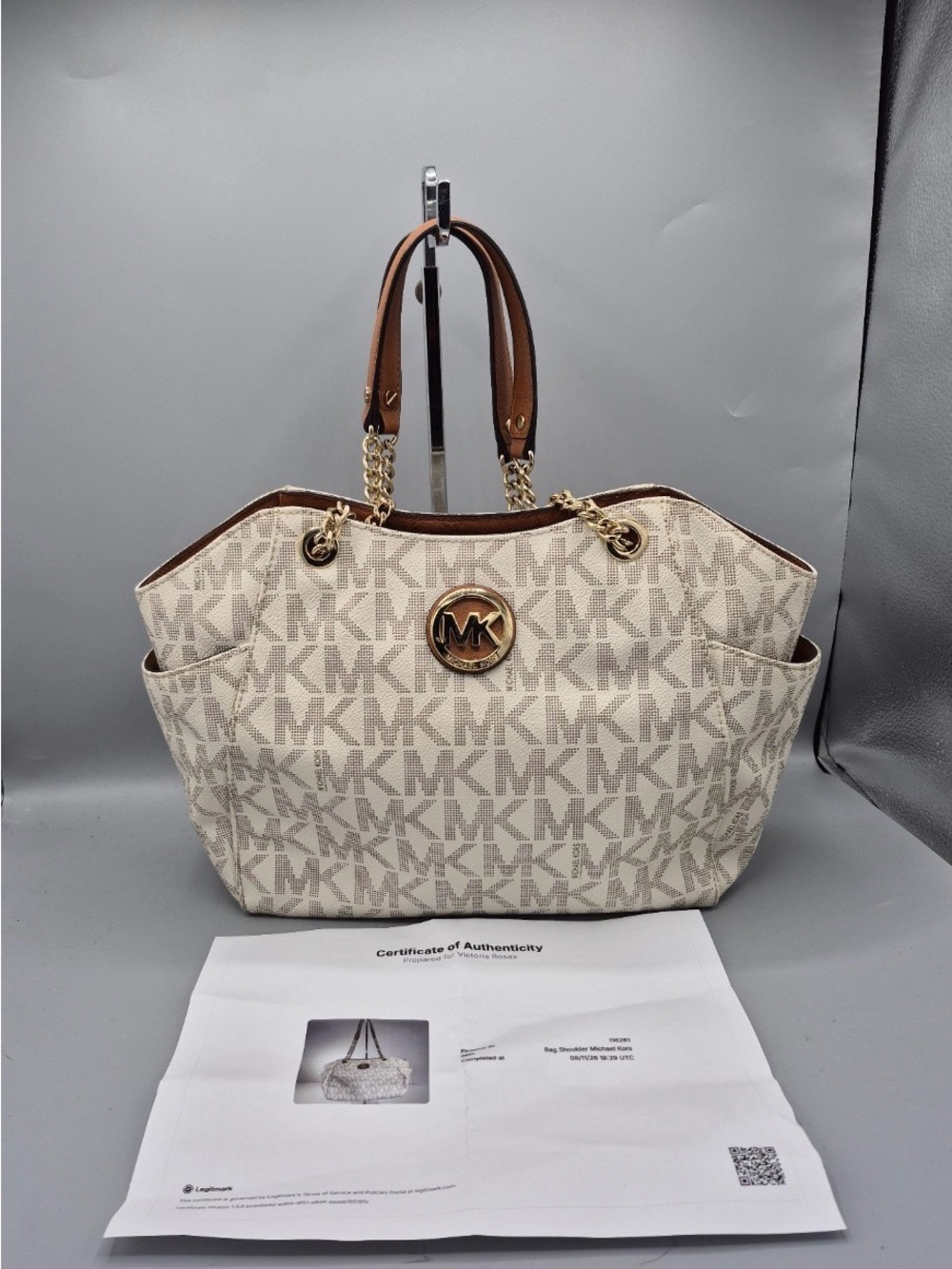 Michael Kors Cream and Brown MK Logo Chain-Handle Tote